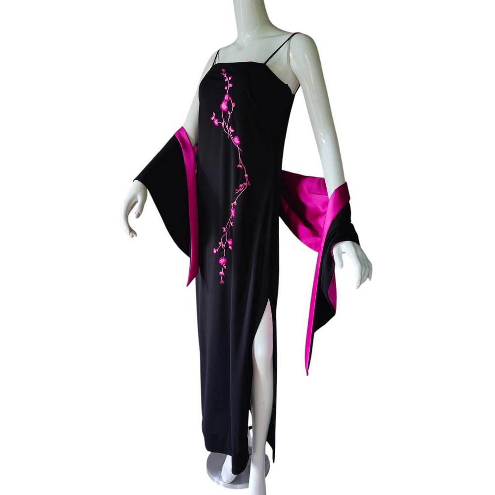 Vintage 90s Black Maxi Dress Whimsigoth Embroidered Slinky Formal Slit Shawl Set